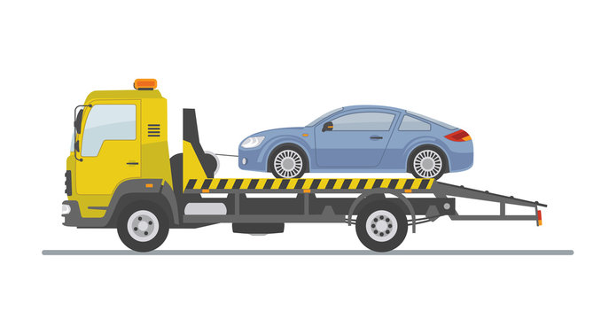 Blue sports car on tow truck, isolated on white background. Flat style, vector illustration. 
