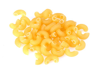 Closeup of dry elbow macaroni pasta. Isolated image