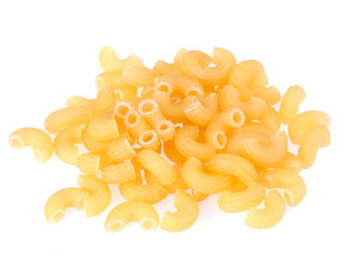 Closeup of dry elbow macaroni pasta. Isolated image