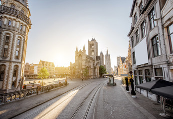 Fototapeta na wymiar CItyscape view with saint Nicholas church during the morning in Gent old town, Belgium