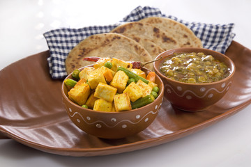 Indian Cottage Cheese with  Maa Chole Ki Dal or Yellow Gram & Split Black Lentils Curry with Paratha