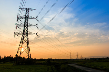 silhouette of high voltage electrical pole structure