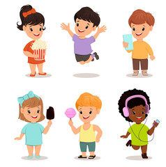 Children set. Cute kids with popcorn, smartphone, ice cream, sweet candy, walkman, jumping, running, standing. Vector illustration.