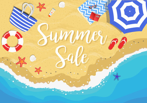Summer sale hand drawn vector illustration with beach from above view, sun umbrella, beach bag, towel, flip flops, sea buoy, sun glasses, sea stars and shells