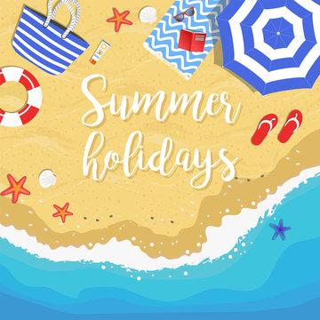 Summer holidays hand drawn vector illustration with beach from above view, sun umbrella, beach bag, towel, flip flops, sea buoy, sun glasses, sea stars and shells