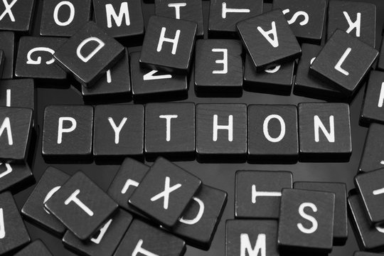 Black letter tiles spelling the word "python" on a reflective background