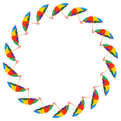 Round frame with fallen leaves and umbrella. Vector clip art.