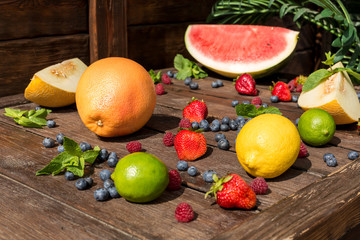 Naklejka na ściany i meble Fruit in summer, wooden