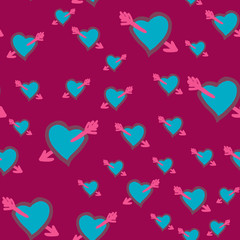 Wounded heart. Valentines day, wedding design seamless hearts vintage. Hand drawing doodle vector. Love, romantic decor, ,quotes, arrows. Retro decoration tile