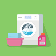 Washing machine with water and foam, a basin with clean linen, powder or conditioner for linen. Vector illustration of a high quality isolated on a green background.