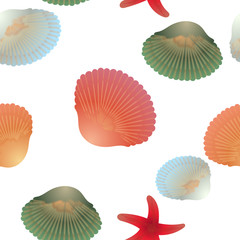 Colorful shells and red starfishes, seamless pattern, transparent background.