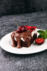 Home made cherry cake with vanilla, cream cheese and black cherr