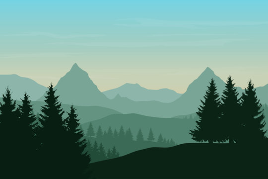 Vector flat illustration of a panoramic mountain landscape with a forest under the sky with dawn