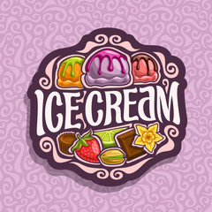 Vector logo for Ice Cream: 3 colorful scoop balls of ice cream topping melted chocolate sauce, in sign lettering title - ice cream, strawberry, pistachio and peanut butter cup on pale seamless pattern