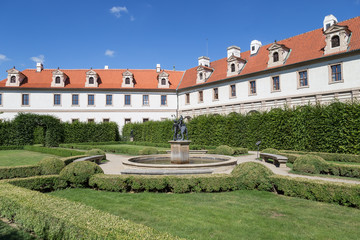 Building behind the formal Wallenstein (Waldstein) Garden (Valdstejnska Zahrada)). It is a public Baroque garden at the Lesser Town (Mala Strana) in Prague, Czech Republic. 