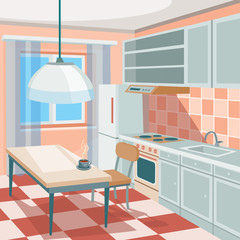 Vector cartoon illustration of a kitchen interior with kitchen cabinets, a dining table with a cup of hot coffee or tea, a refrigerator, a cooker, a kitchen hood