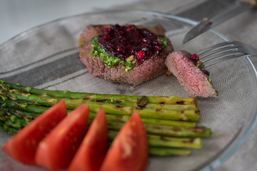 Gourmet steak with grilled asparagus