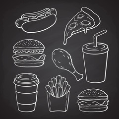 Hand drawn doodles of hamburger, hot dog, pizza, cheeseburger, deep-fried chicken leg, french fries, paper cup with soda, coffee. Vector illustration set. Fast food collection for menus, showcases