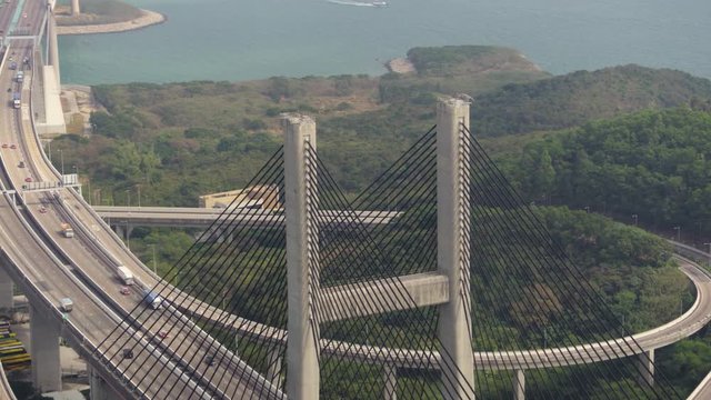Hong Kong Aerial v164 Closeup birdseye view flying low around Kap Shui Mun Bridge column