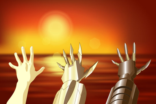 The Hand Of A Man, A Robot, An Iron Hand. Anime Background For Manga. Vector Illustration