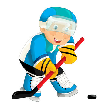 cartoon active hockey player aiming - isolated illustration