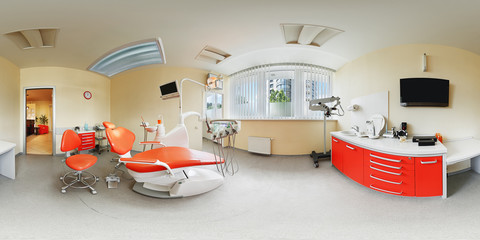 360 degrees lense spherical equidistant panorama view of modern and fashionable interior european dental clinic spherical projection inside dental office beige and orange colours dentist chair