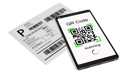 QR Code scanning from a shipping stickers with modern touchscreen smartphone - isolated on white
