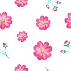 Vector floral watercolor seamless pattern with cosmos flowers (pink asters). Hand-painted illustration with different blooming plants on white background. Design for decor, fabric, manufacturing