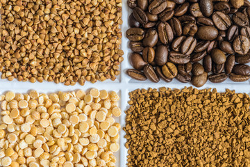 Set of groceries: buckwheat, roasted coffee beans, dried peas, freeze-dried instant coffee.