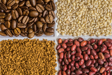 Set of groceries: roasted coffee beans, pearl barley, freeze-dried instant coffee, dried seeds of red beans.