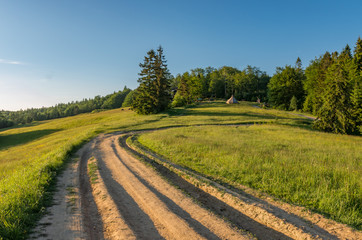 Fototapeta na wymiar Beskidy mountains, Poland, green sping meadow with dirt road