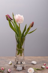 Bouquet of spring tulips flowers isolated on wooden background