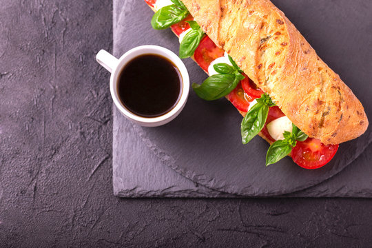 Ciabatta Sandwich With Caprese Salad With Coffee.