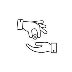 Hand gives percent profit to other person outline icon. Vector income symbol