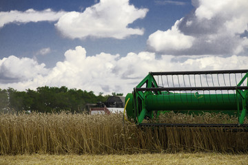 combine harvester working on a wheat field.