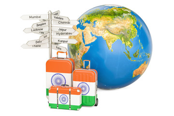 India travel concept. Suitcases with Indian flag, signpost and Earth globe. 3D rendering