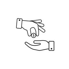 Hand gives money coin to other person icon, give alms, donate web outline icon. Vector illustration