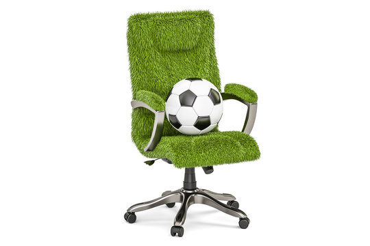 Grassy Office Chair With Soccer Ball Concept, 3D Rendering