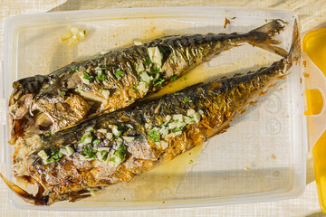 Grilled mackerel with garlic lemon herb sauce marinade