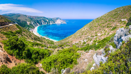 Fototapeta na wymiar Valley goes to beautiful Myrtos Beach on Kefalonia Island, Greece