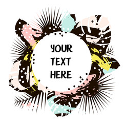 Creative summer round template with black palm leaves and hand drawn textures. Place for your text. Ink splatter grunge style.Vector illustration