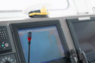 Microphone of ship control panel in captain's bridge