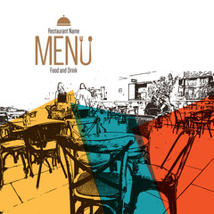 Restaurant menu design. Vector menu brochure template for cafe, coffee house, restaurant, bar. Food and drinks logotype symbol design. With a sketch pictures