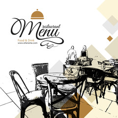 Restaurant menu design. Vector menu brochure template for cafe, coffee house, restaurant, bar. Food and drinks logotype symbol design. With a sketch pictures - 163848186