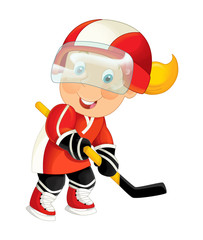 cartoon active hockey player aiming - isolated illustration