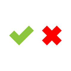 Obraz premium Check mark icons. Green tick and red cross. Flat vector illustration isolated on white background.