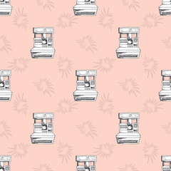 Vector seamless pattern with vintage cameras. Pink background