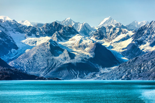 Glacier Bay Cruise - Alaska Nature Landscape. Glacier Bay National Park In Alaska, USA. Scenic View From Cruise Ship Vacation Alaska Travel Showing Mountain Peaks And Glaciers.