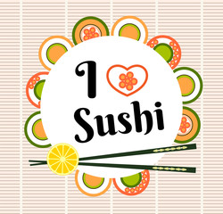 Fototapety  Sushi i pałeczki trzymające rolkę sushi na płasko