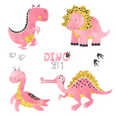 Cute little dinosaurs set in pink, golden and black colors. Vector collection for kids design.